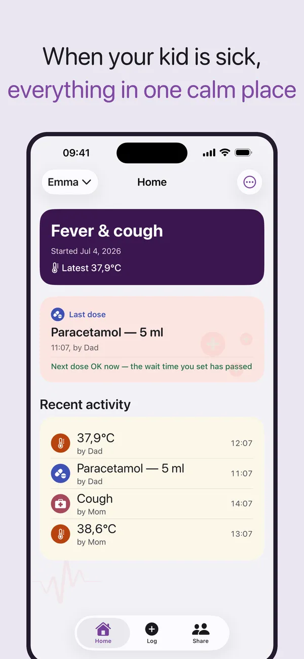 MyKiddos home screen during an illness, showing a sick child's fever, last medicine dose and symptoms in one calm overview