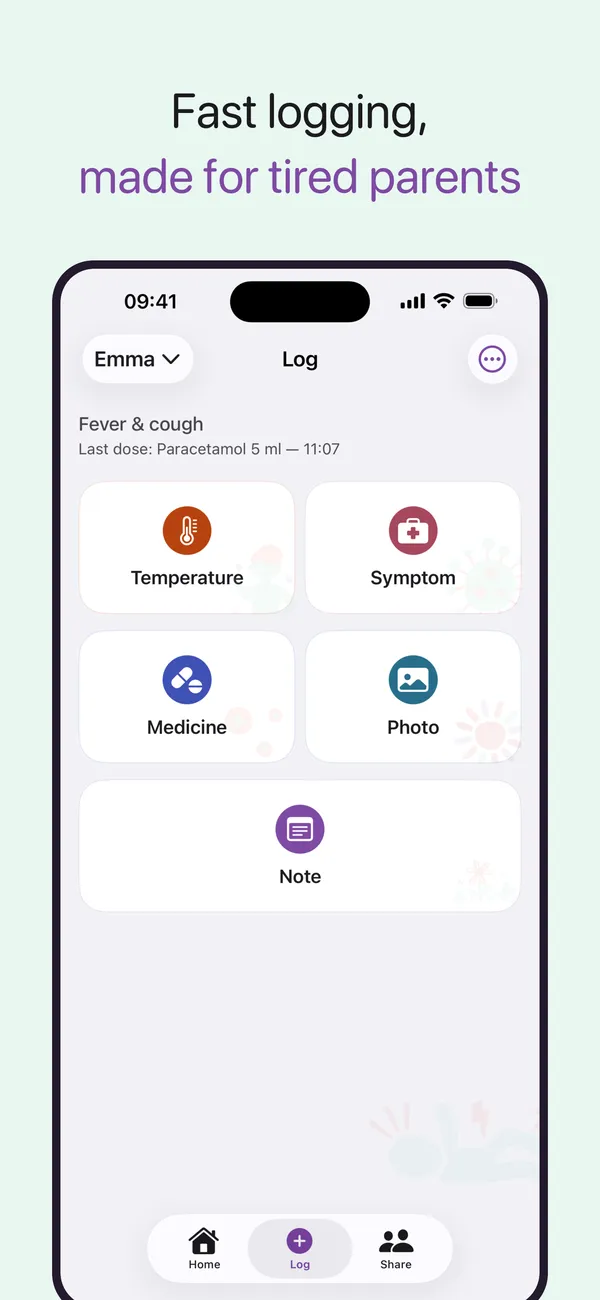 Quick log grid for temperatures, medicines, symptoms, photos and notes