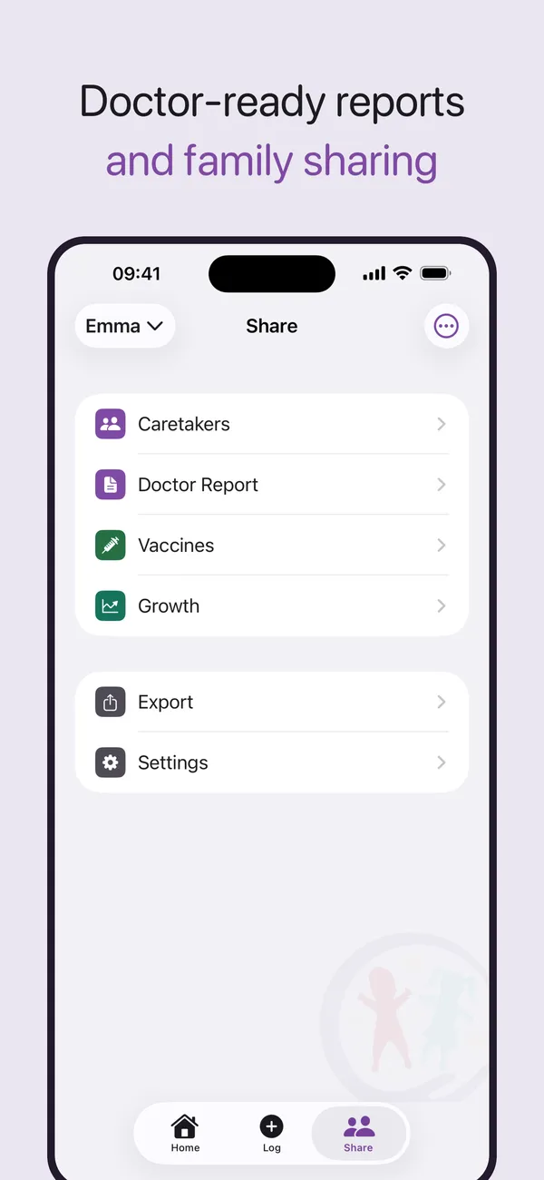 Share screen with the doctor-ready illness report and family options